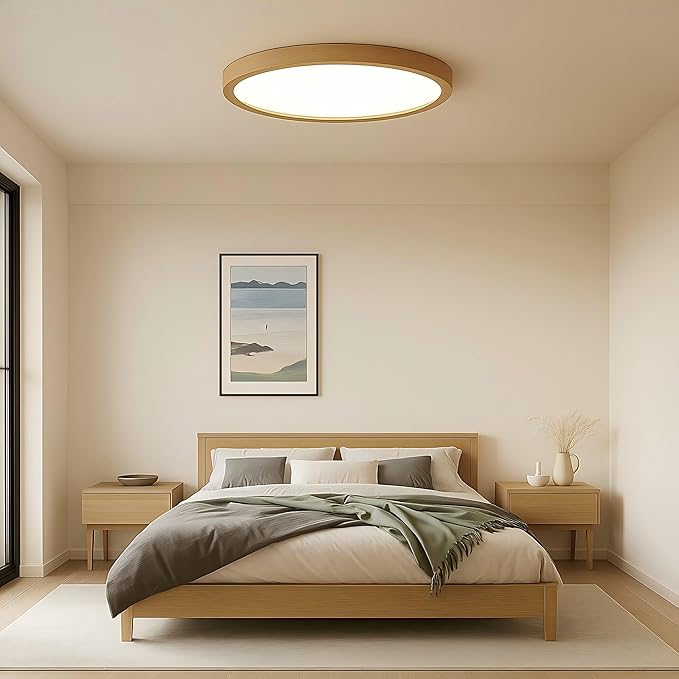 Ultra-Thin LED Ceiling Light Fixture 16.53", Handcrafted Walnut Wood Modern Wabi-Sabi Style, Slim 2.5cm Profile, 37W LED 3000K-4000K-6000K, Round Minimalist Lamp for Bedroom Kitchen Hallway