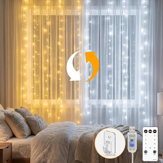 suddus Color Changing Curtain Lights, 200 Led Hanging Lights Outdoor, Fairy Curtain Lights Indoor for Christmas, Dorm, Wall, Backdrop, Window, Wedding, Party, Birthday Decor, Warm White & White