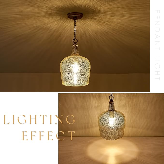 10” Large Silver Plated Hammered Glass Pendant Light Industrial Dome Modern Pendant Lighting Fixtures for Kitchen Island Dining Room Hallway, UL Listed