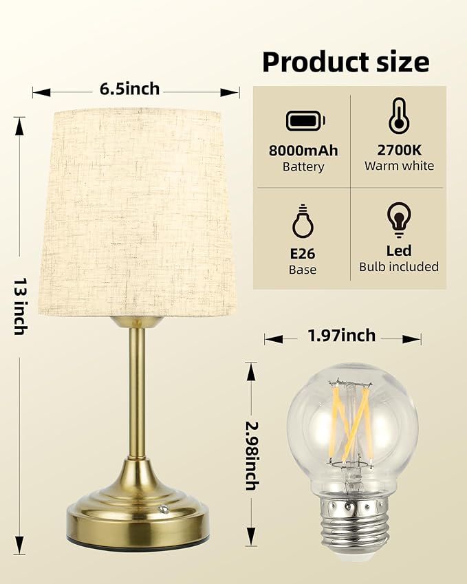 Cordless Table Lamp, 8000mAh, Ambient Light, Dimmable, Touch Control, 2700K, Small, Portable, LED, Wireless, Rechargeable, Cordless, Desk Lamp, Kitchen Lamp, Fabric Shade, for Dining Room, Bedroom