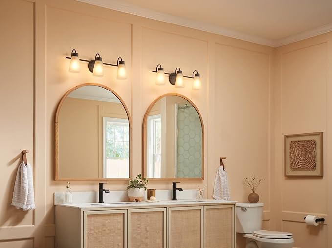 Kichler Stamos 3-Light Bathroom Vanity Light Fixture with Satin Etched Glass Shades, 22 in Modern Wall Light in Olde Bronze for over Mirror (22 in x 5 in x 8 in), 45887NI