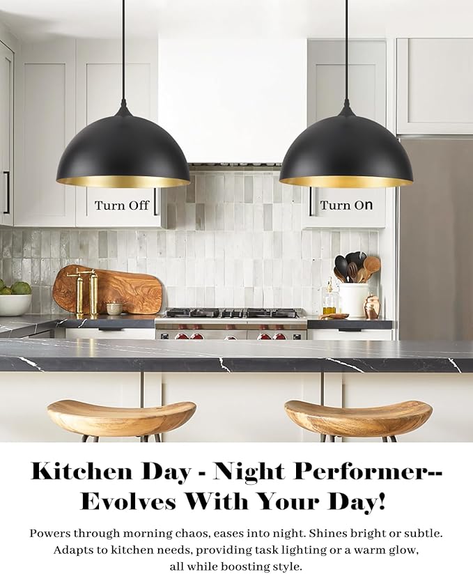 Black Pendant Lights Kitchen Island 3 Pack, 14 Inch Large Dome Pendant Light, Black and Gold Farmhouse Industrial Pendant Light, Island Pendant Lights for Kitchen, Dining Room