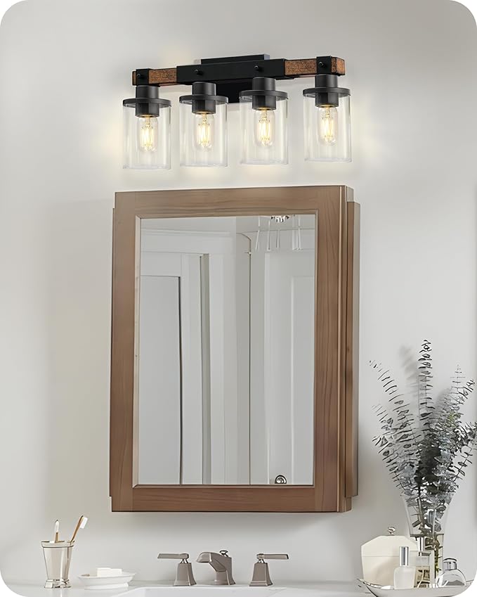4-Light Bathroom Light Fixture, Farmhouse Vanity Lights for Bathroom with Glass Shade, Rustic Bathroom Light Fixtures, E26 Base F09BD05