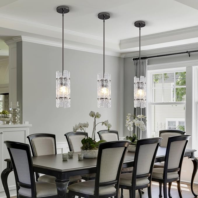 Pearl Black Crystal Pendant Light for Kitchen Island, Luxury Mini Water Ripple Glass Chandelier Fixture, Modern round Adjustable Hanging Pendant Lighting for Dining Room Bathroom Hallway (3-Pack)