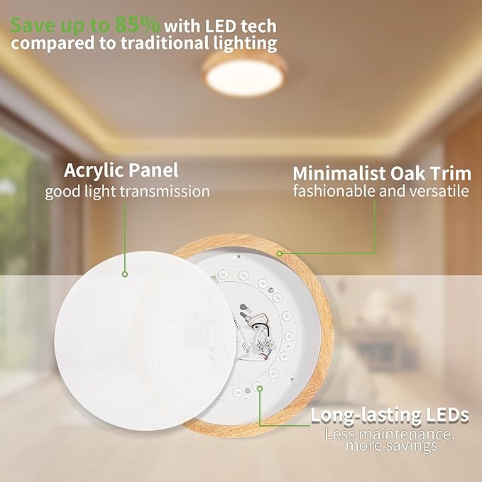 Modern LED Ceiling Light for Bedroom: Minimalist Wood Flush Mount Ceiling Light Fixture with Acrylic Lampshade - 3000K Not Dimmable Overhead Ceiling Lamps for Kitchen Hallway Living Room (11.8" Wood)