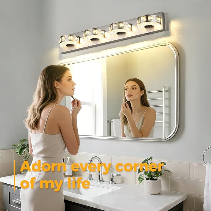 Modern Bathroom Vanity Lights 29.1 inch 32W 5 Color Temperature Brushed Nickel (4-Light,Dimmable) Crystal Bathroom Light Fixtures for Bathroom Mirror Restroom-ETL Certificated