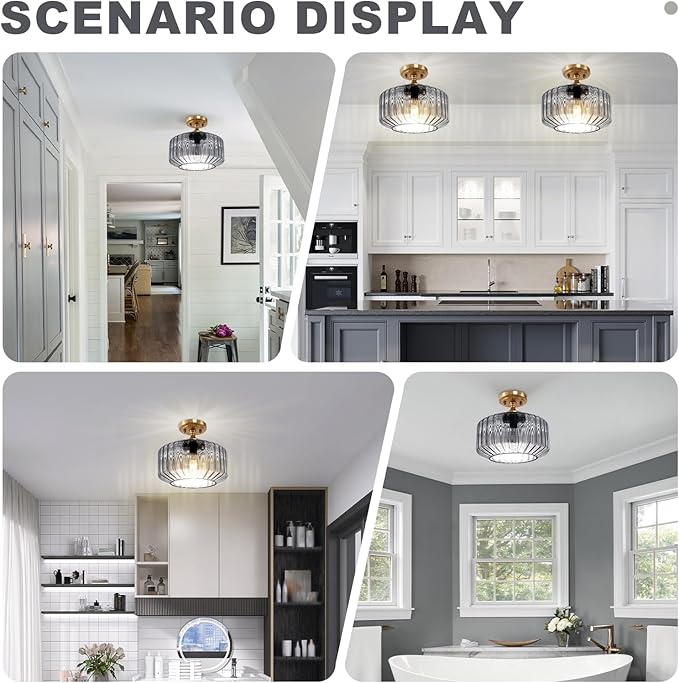 Gold Flush Mount Ceiling Light Fixture Porch Glass Ceiling Light Contemporary Ribbed Glass Chandeliers Overhead Light Farmhouse Lamp for Laundry Room, Entryway Pantry Light(Gray)
