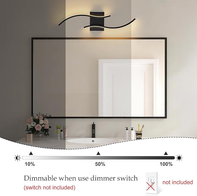 KARTOOSH 1 Pack Black Light Fixture Hardwired Bathroom Vanity Lights Fixtures Over Mirror 23.6 Inch 3CCT Dimmable Modern Wall Lights for Mirror Kitchen Living Room Cabinet Porch Hallway