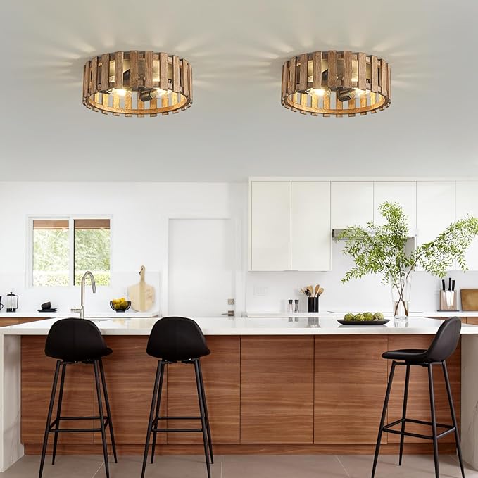 Farmhouse Flush Mount Ceiling Light, 17 Inch 4-Light Wood Close to Ceiling Light Fixture, Retro Hallway Light Fixtures Ceiling, Rustic Drum Ceiling Light for Kitchen Entry Living Room