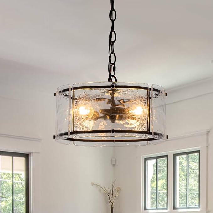 11.8" Black Hanging Pendant Light Fixtures,3 Light Small Drum Glass Dining Room Light Fixtures Over Table with Chain,Chandelier for Foyer,Kitchen Island,Dining Room,Bedroom,Breakfast Nook