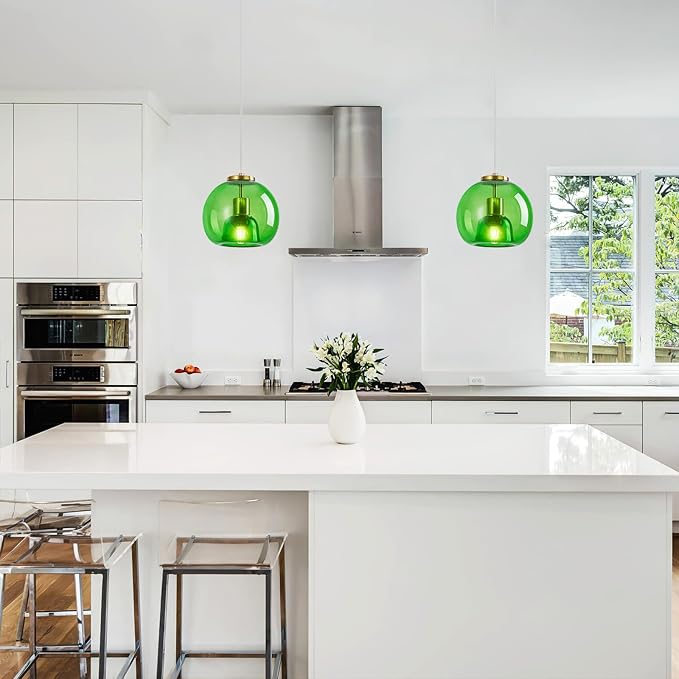 Green Glass Pendant Lights Kitchen Island Gold Hanging Light Fixture Glass Globe Pendant Light Modern Pendant Lighting for Kitchen Island Bedroom Dining Room (7.87", 3 Pack)