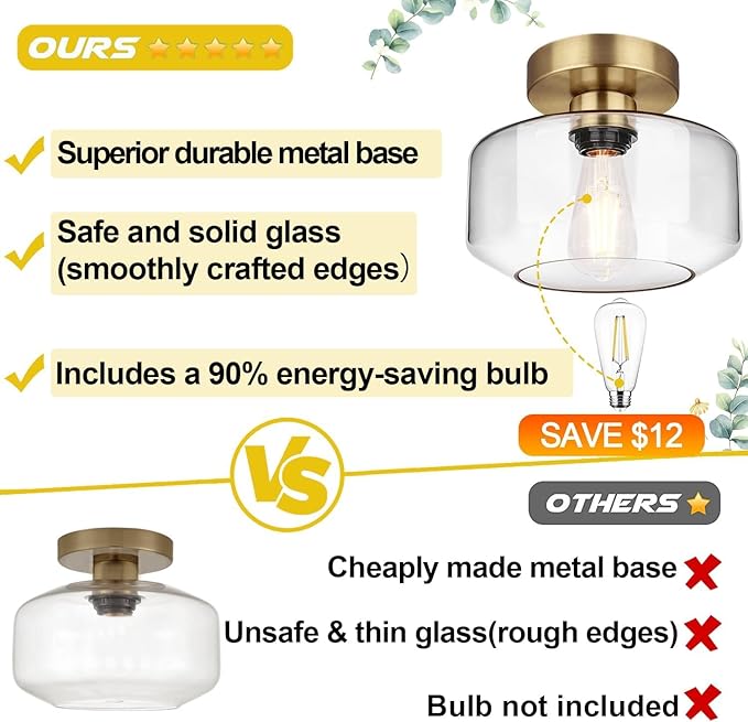 Lynnoland Industrial Semi Flush Mount Ceiling Light Brass, 800 Lumen LED Bulb Included, Clear Glass Shade Ceiling Light Fixture, Light Fixture for Hallway Bathroom Bedroom, Vintage Hanging Lighting
