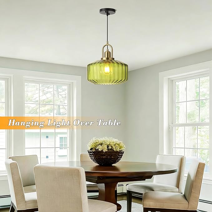 11.8in Mid Century Modern Green Glass Pendant Light Fixture, Large Gold Kitchen Island Pendants Light Glass Ceiling Hanging Lamp for Foyer Dining Room Bedroom Entryway Hallway Over Sink