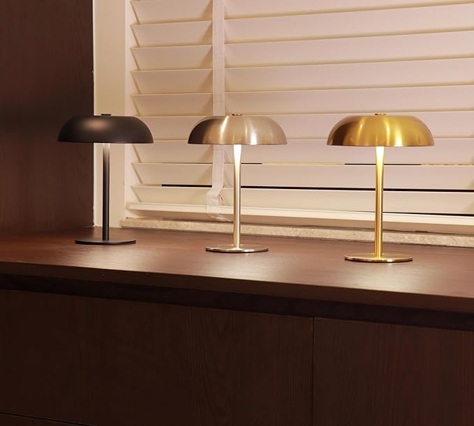 Portable LED Mushroom Table Lamp, 8.46'' Metal Small Cordless Desk Night Light with 5200mAh Rechargeable Battery, Stepless Dimming Lamp with 3 Colors for Bedroom/Bar/Coffee Shop (Silver)