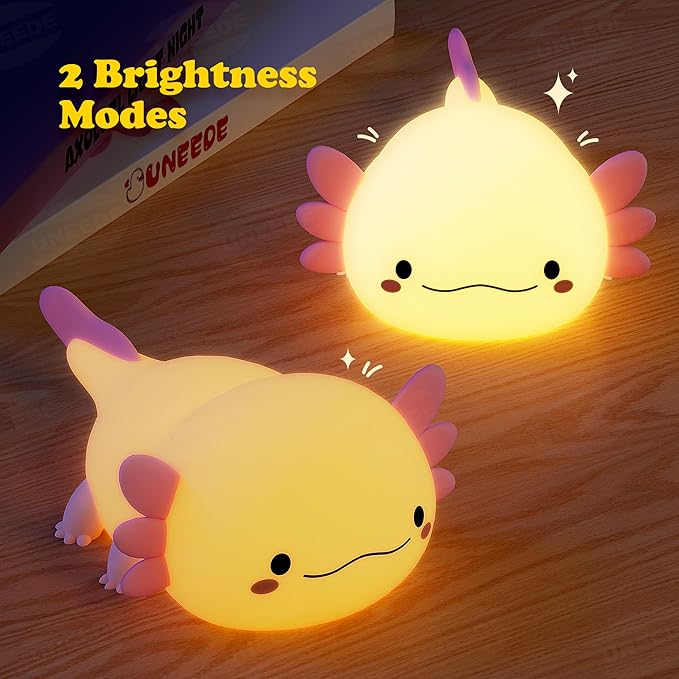UNEEDE Axolotl Night Light for Kids, Animal Silicone Nursery Night Lamp, Rechargeable Table Lamp Bedside Lamp, Cute Room Decor Night Light for Bedroom Living Room Dining Desk Decor Gift Kawaii Toys