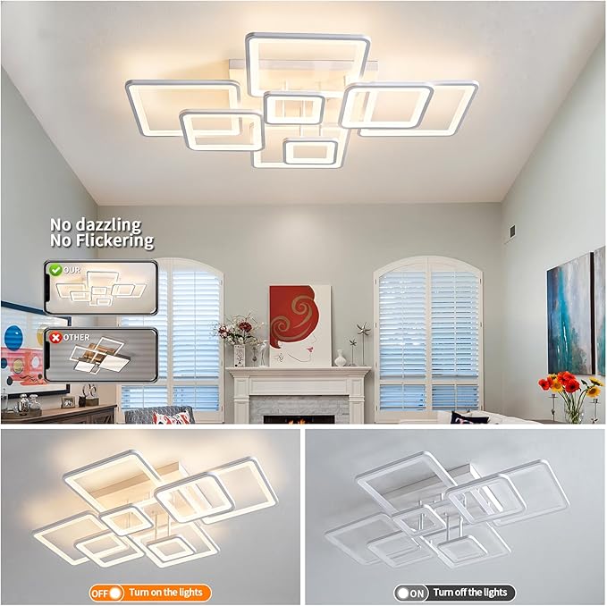 Shine LUEST Modern Ceiling Light, 39.4'' Dimmable LED White Flush Mount Ceiling Lights with Remote Acrylic Round Ceiling Lamp Fixture for Low Ceiling Bedroom Living Room Dining Room, 100W