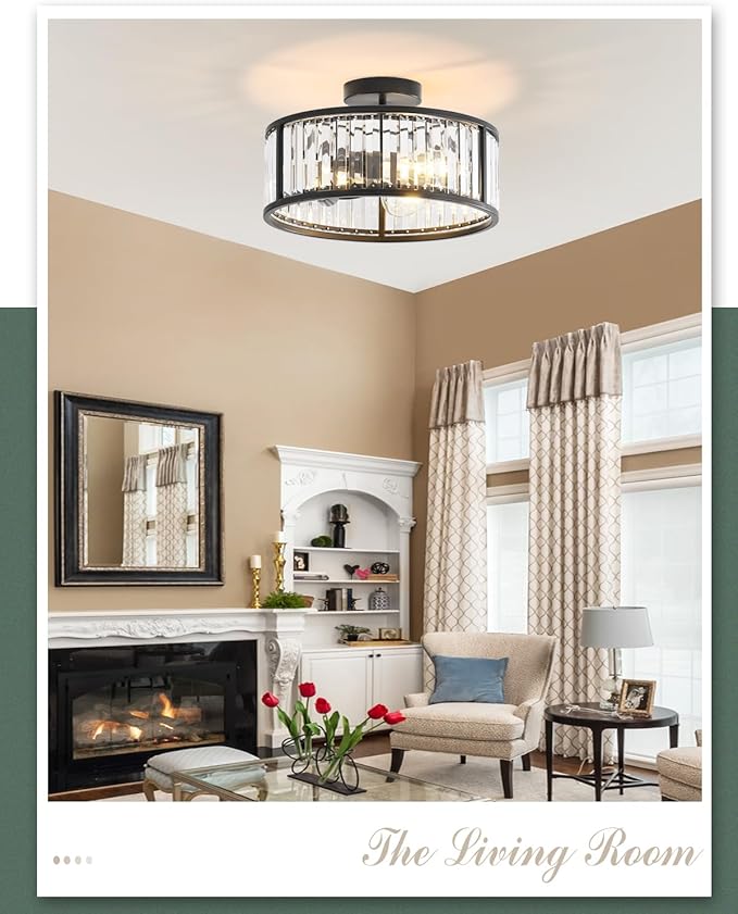 Black Flush Mount Ceiling Light, Caged Crystal Chandelier, Drum Hallway Light fixtures Ceiling Mount (14 INCH Black)