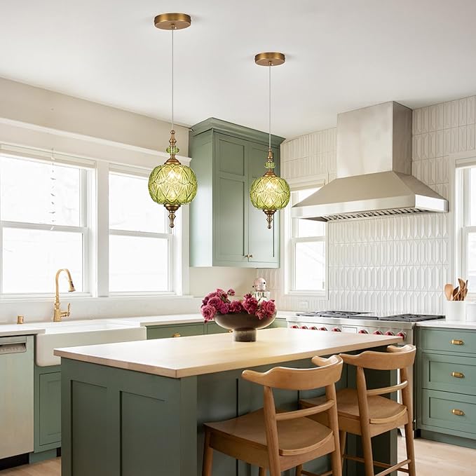 Antique Green Pendant Light Fixtures Vintage Kitchen Lighting Delicate Decorative Pattern 6.3 inches Glass Ceiling Pendant Lighting for Kitchen Island Dining Room with Original Vintage Design