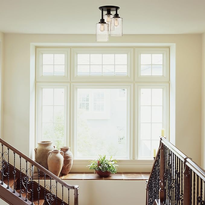 Globe Electric 65904 3-Light Bronze Semi-Flush Mount Ceiling Light Fixture with Seeded Glass Shades, Ideal for Kitchen, Bathroom, Bedroom, Closet Light, Home Essentials, LED Bulbs Compatible