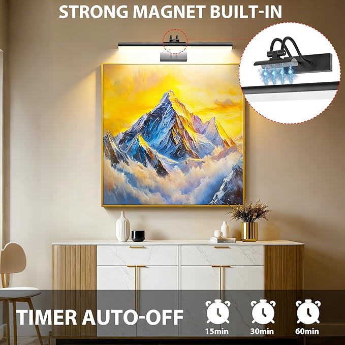 RAIFOOLLY Picture Light,Magnetic Wall Light,16inch Art Light,5000mAh Rechargeable Battery Accent Light with Remote Timer and Dimmable for Painting, Frame, Portrait, Artwork-Black