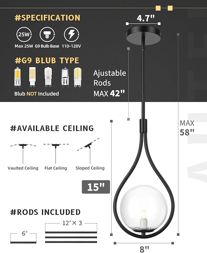 AUTELO Black Pendant Light Fixtures, 1-Light Pendant Lights Kitchen Island with Clear Globe Glass, Modern Pendant Lights, Black Hanging Lights for Kitchen Island H9377 CLBK