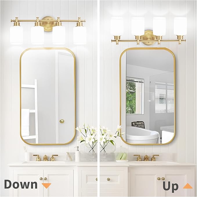 4-Light Bathroom Vanity Light, Brushed Gold Vanity Lights for Bathroom, Modern Brushed Gold Wall Sconce with White Glass Shades, Anti-Rust Light Fixtures over Mirror (Bulbs Not Included, E26 Base)