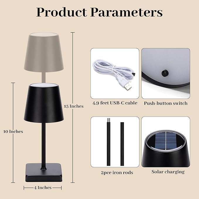 Livinlarge Cordless Table Lamps,Rechargeable Outdoor Solar LED Lamp,Portable USB Desk Lamp Waterproof,2000mAh Battery Operated,Touch Stepless Dimming Light for Bedroom,Restaurants,Patio,Camping
