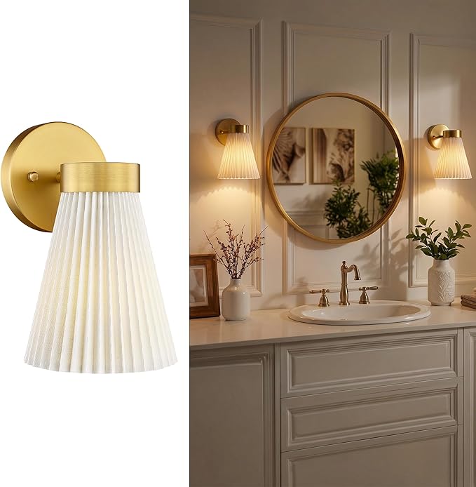 Set of 2 Wall Sconces, HWH Gold Bathroom Light Fixtures with Milk White Striped Fabric Shade, Up and Down Vanity Lights Fixture, Brushed Gold Finish, 5HZG97B-2PK BG-FB
