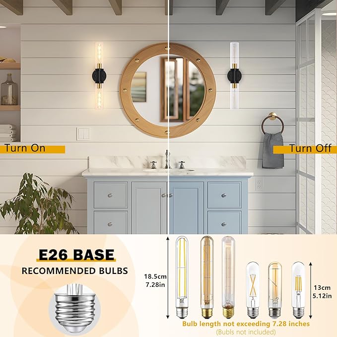 Baocuz Bathroom Light Fixtures, 2-Light Black and Gold Bathroom Vanity Lighting Over Mirror, Modern Wall Sconces Set of 2 with Clear Glass, Indoor Hardwired Wall Lamp for Bedroom, Living Room, Hallway