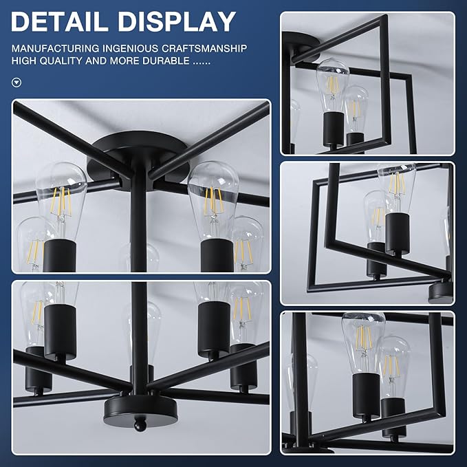 5-Light Black Semi-Flush Mount Ceiling Chandeliers, Geometric Five-Pointed Star Shape Industrial Metal Lighting Fixture for Foyer Entryway Hallway Living Room Modern Farmhouse Kitchen Island