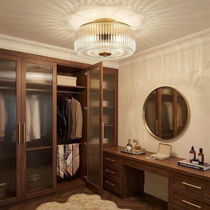 3-Light Flush Mount Ceiling Light, 11.8" Gold Ceiling Light Fixture with Ribbed Clear Glass Shade, Modern Drum Close to Ceiling Lamp with Closed Bottom for Bedroom Hallway Kitchen Entryway