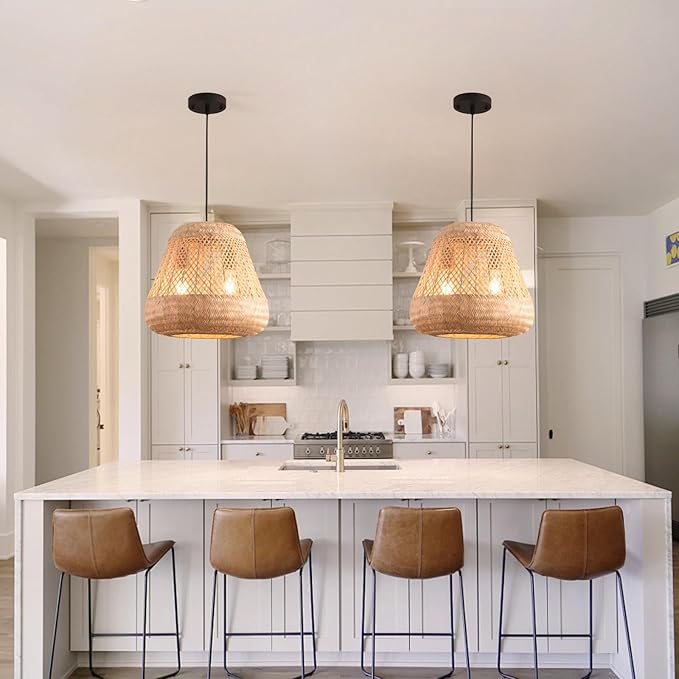 2-Light Rattan Pendant Light,Handmade Rattan Woven Wicker Boho Chandelier Light Fixture Kitchen Island Bedroom Living Room Dining Room Farmhouse Adjustable Height