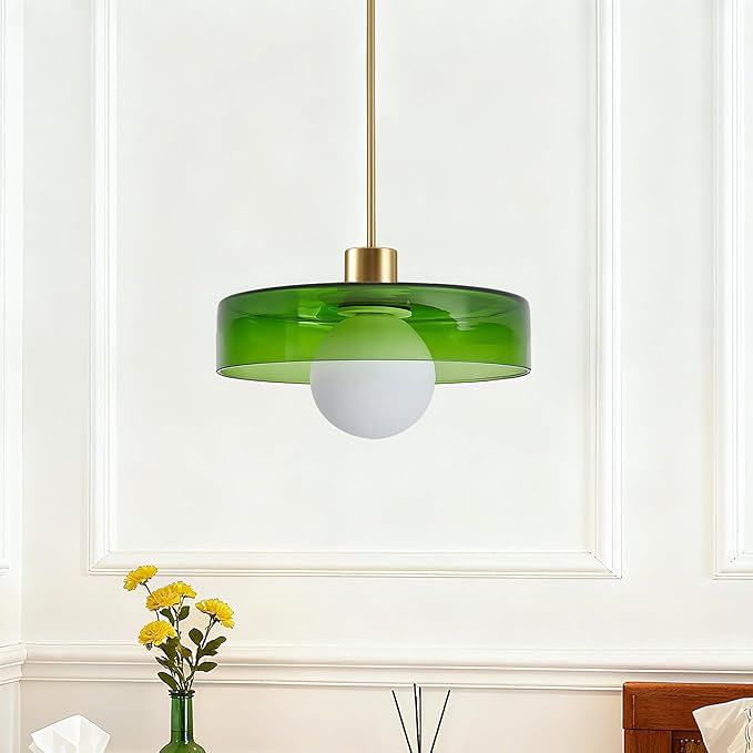 Pendant Lights Kitchen Island: Mid-Century Modern Hanging Light Fixture - Glass Pendant Lamp for Entryway Dining Room Over Table Bedside (Green, 25cm/9.84inch)