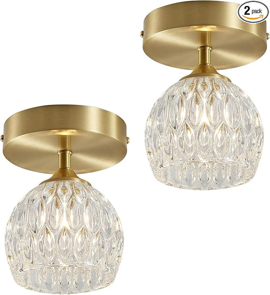 2 Pack 4.3'' Semi Flush Mount Ceiling Light, Light Luxury Ceiling Light Fixture, Clear Crystal Lampshade Vintage Hallway Lights Fixtures, Brass Base Flush Mount Ceilings Lights【No Bulb Included】