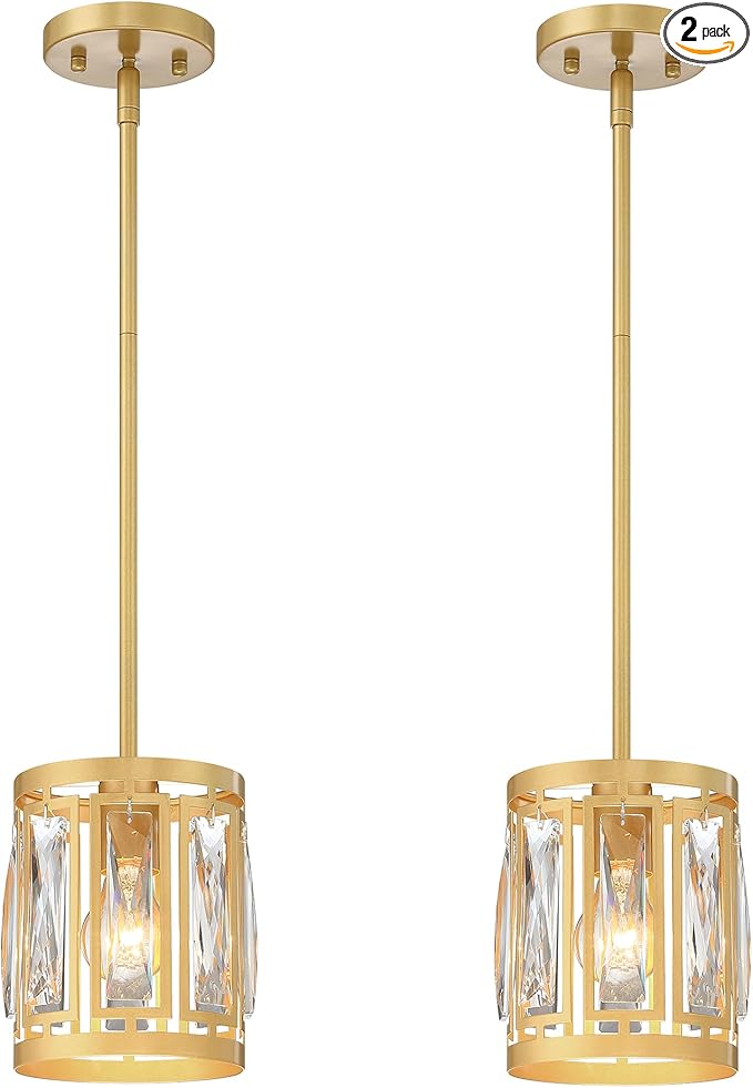 2 Pack Gold Pendant Lights Kitchen Island, Crystal Pendant Light, Adjustable Hanging Light Fixture for Dining Room, Living Room, Kitchen