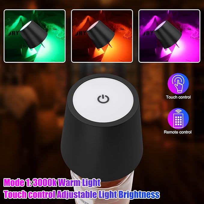 Wireless Bottle Lamp with Remote Control, Rechargeable RGB Wine Bottle with 3Modes Light Dimming, Waterproof Touch Lamp Head for Room, Bar, Restaurant and Party Decorations(Black RGB)