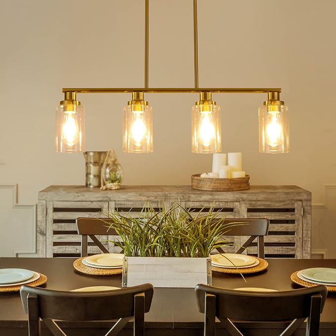 Kitchen Island Lighting, 4-Light Dining Room Light Fixtures Over Table,Gold Linear Chandelier for Dining Room Hanging,Pendant Lights Kitchen Island with Clear Glass Shade
