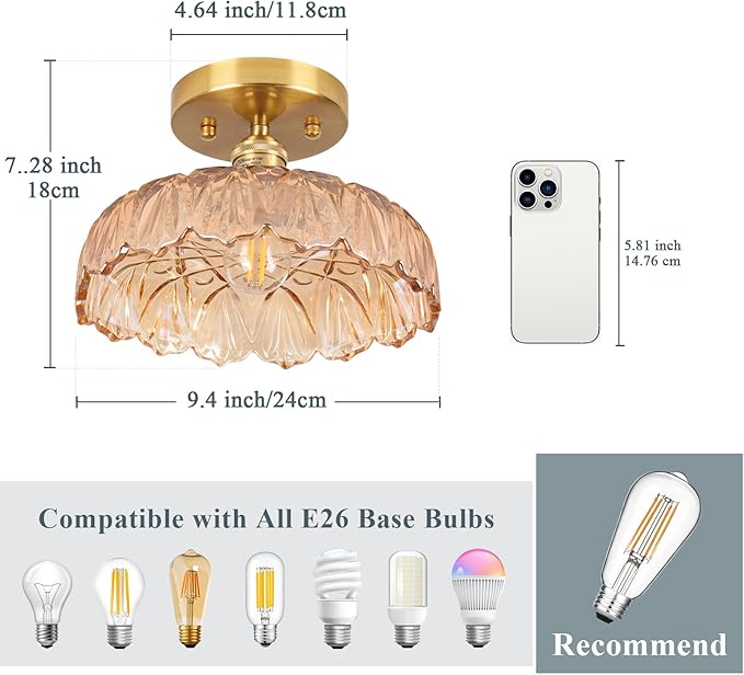 Hallway Lights Fixture Ceiling,Amber Semi Flush Mount Ceiling Lights,9.4" Flower Light E26 Vintage Light Fixtures for Closet Hallway Kitchen Dining Room