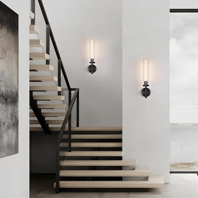 Modern Black Hardwired Wall Sconces, 20'' Knurled Bathroom Wall Sconce, Indoor Wall Sconce,Copper and Glass Vanity Light, for Living,Bedroom, Hallway, Staircases, Include Bulbs