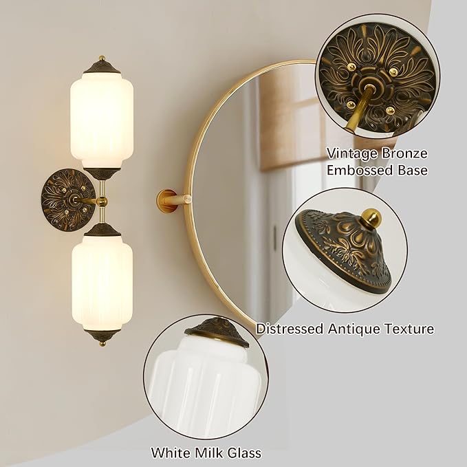 Vintage Milk Glass Bathroom Wall Sconce - 25" Mid Century Dimmable Vanity Light with Bulb - Vertical or Horizontal Mounted Sconces - Modern Brass Gold Lighting Fixture for Indoor Bedroom Hallway Decor