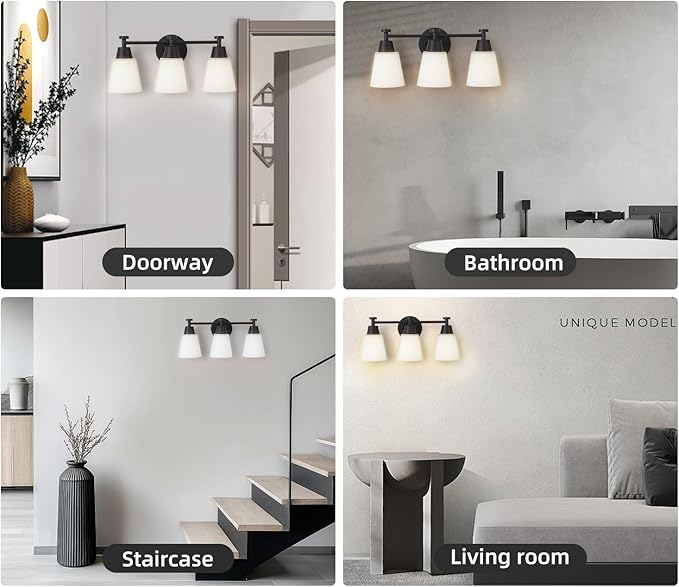 3 Light Bathroom Vanity Light, Modern Matte Black Stainless Steel Over Mirror Vanity Light Fixture with Frosted Glass, Wall Sconces Lighting for Bedroom Living Room