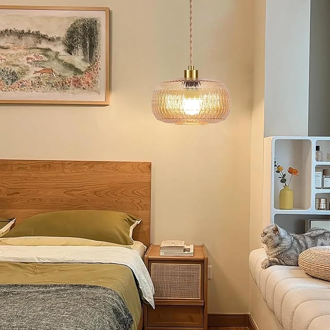 QIYIZM Plug in Pendant Light Hanging Lights with in Cord Mid Century Modern Gold Hanging Lamp Flower Glass Amber Vintage Dimmable Chandelier Ceiling Fixture for Living Room,Kitchen,Boho