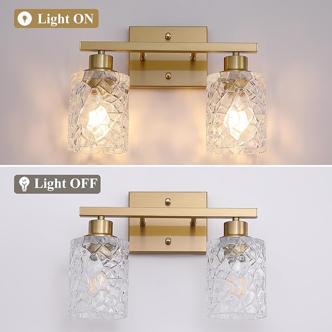 Mecgirn Stainless Steel Bathroom Vanity Light Over Mirror, 2 Light Brushed Gold Bathroom Light Fixtures with Textured Glass Shades,Ceramic E26 Sockets Wall Mounted Vanity Lights for Bathroom