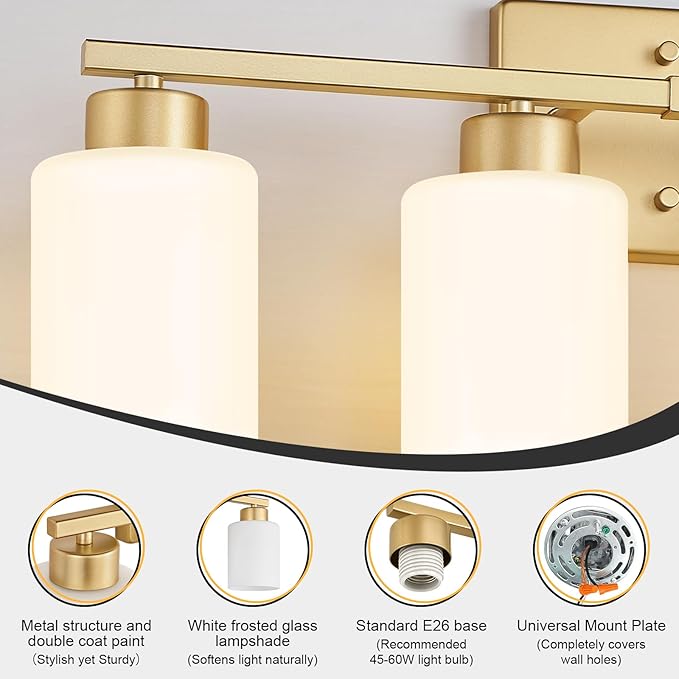FonmYim Gold Bathroom Light Fixtures, 4-Light Modern Vanity Light Over Mirror, Wall Sconces with Milky White Frosted Glass Shades, E26 Socket (Bulbs Not Included)