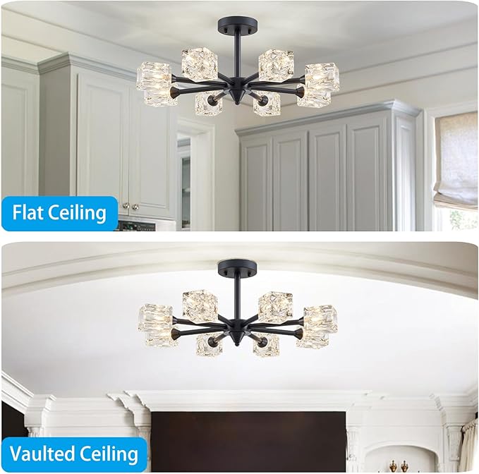 XINGQI 8 Lights Ceiling Light Fixture Farmhouse Semi Flush Mount Ceiling Light Industrial Black Glass Sputnik Chandelier for Bedroom Hallway Dining Room Powder Room