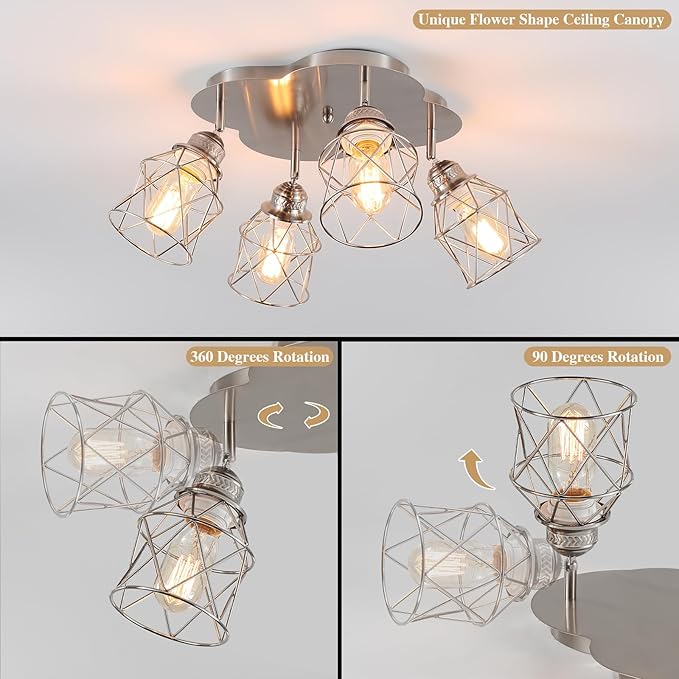 4-Lights Kitchen Light Fixtures Ceiling Mount, Adjustable Multi-Directional Brushed Nickel Flush Mount Ceiling Light, Vintage Metal Cage Farmhouse Lamp for Hallway, Dining Room, Foyer, Entryway