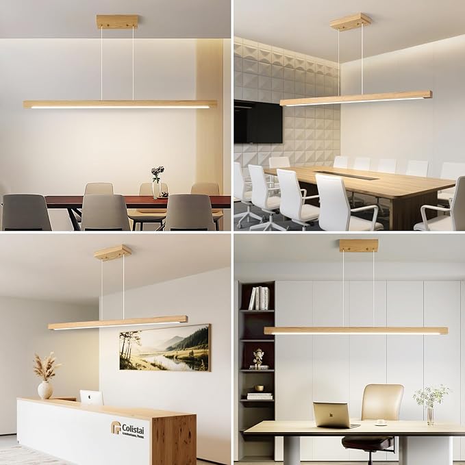 Modern Wooden Pendant Light, 47IN White Ash Wood Chandelier with Remote Control 3000k-6500K Adjustable Color Temperature，Aluminum Island Lighting Lamp for Dining Room, Living Room B