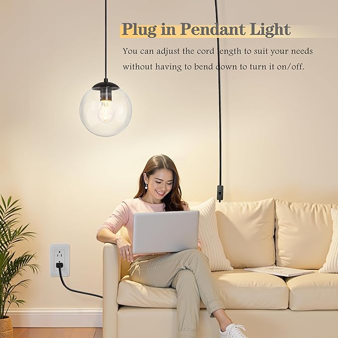 KoKo&Yukina 8" Globe Pendant Light Black Plug in Pendant Light Adjustable Hanging Lights with Plug in Cord Matte Black Finished with Clear Glass Lampshade for Bedroom Kitchen Island（Bulb Included）