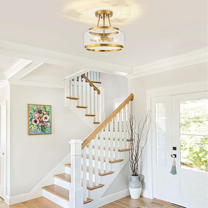 11.81" Gold Semi Flush Mount Ceiling Light Modern Glass Drum Ceiling Light Fixture 3-Light Ceiling Lights for Hallway Entryway Bedroom Kitchen Dining Room Laundry Room Close to Ceiling Light Fixtures