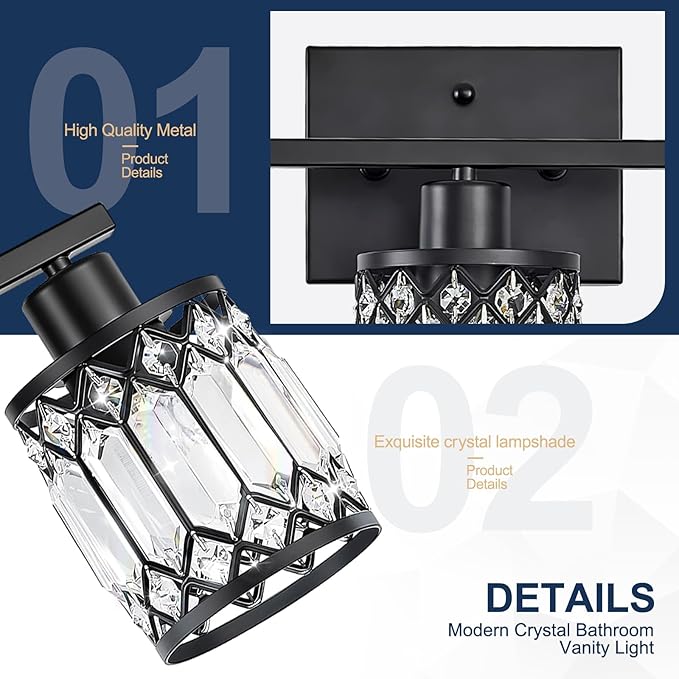 Crystal Modern Bathroom Light Fixtures, 3-Light Black Bathroom Vanity Wall Light, Vanity Lights for Mirror, Restroom, Bedroom (E26 Socket, Bulbs Not Included)